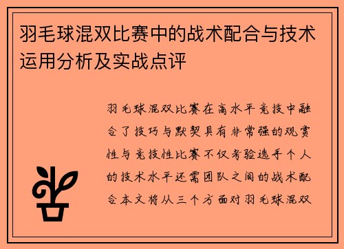 羽毛球混双比赛中的战术配合与技术运用分析及实战点评