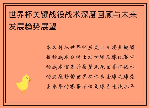 世界杯关键战役战术深度回顾与未来发展趋势展望