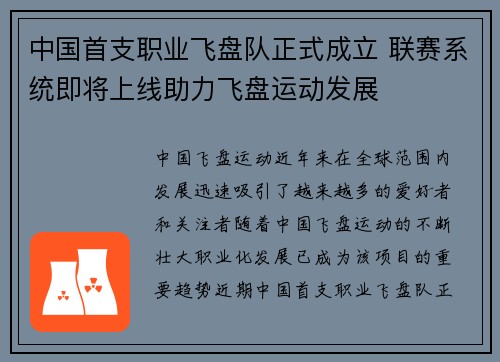 中国首支职业飞盘队正式成立 联赛系统即将上线助力飞盘运动发展